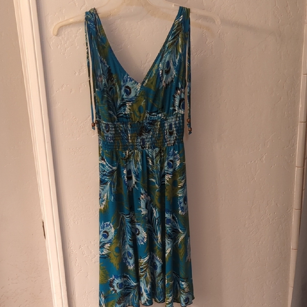 Ruched Blue and Green Midi Sundress for Wedding Guest